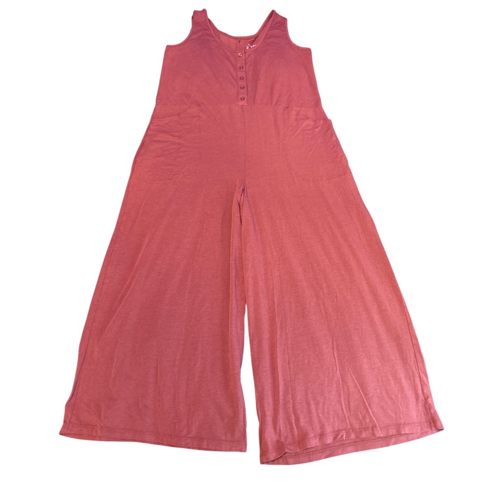 AnyBody Womens Berry Sleeveless Wide Leg Henley Pocket Jumpsuit MP Petite Medium